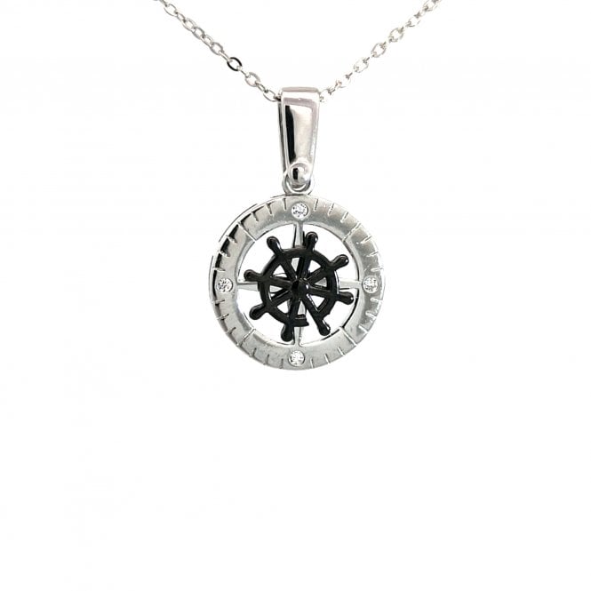 Faith Sterling Silver  Black Enamel Wheel with CZ Necklace 1.6 x 1.6cm, 16-18