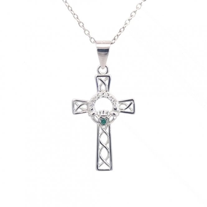 Faith Sterling Silver  Celtic Cross with Green CZ Centre CZ Claddgh Necklace 1.5 x 2.2cm, 16-18