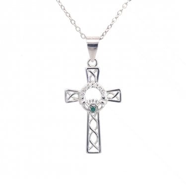 Faith Sterling Silver Celtic Cross with Green CZ Centre CZ Claddgh Necklace 1.5 x 2.2cm, 16-18"