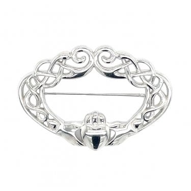 Faith Sterling Silver Celtic Design Claddagh Brooch 4 x 2.8cm 