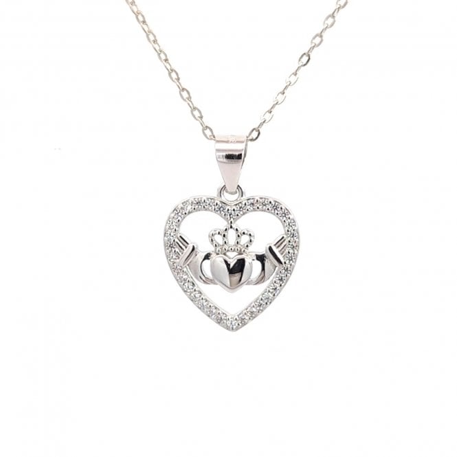 Faith Sterling Silver  Claddagh in CZ Heart Necklace 1.4 x 1.5cm, 16-18