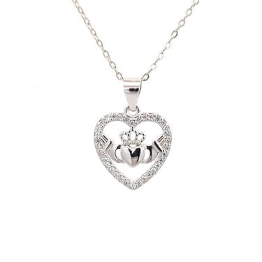 Faith Sterling Silver Claddagh in CZ Heart Necklace 1.4 x 1.5cm, 16-18"