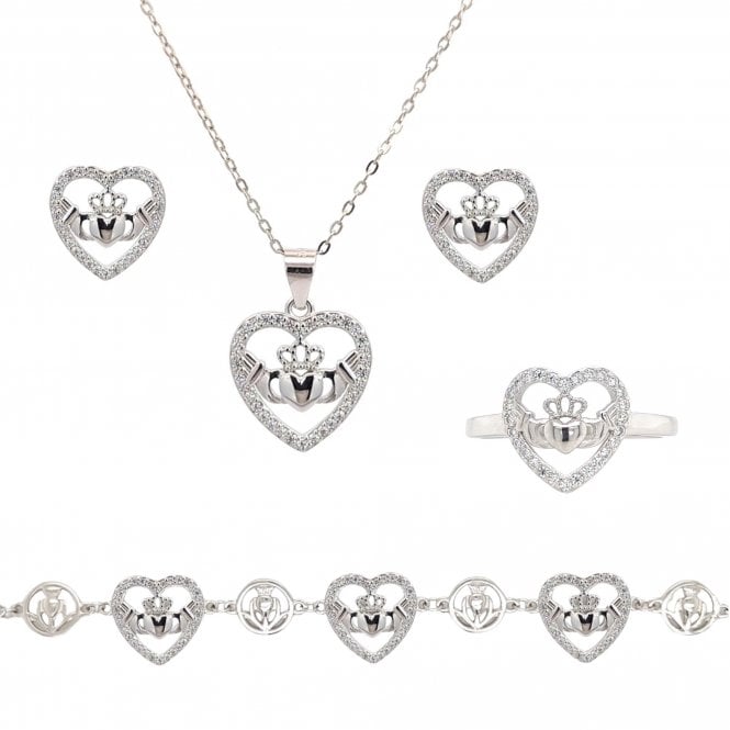 Faith Sterling Silver  Claddagh in CZ Heart Necklace, Earrings, Bracelet & Ring Set 1.4 x 1.5cm, 16-18