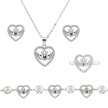 Faith Sterling Silver Claddagh in CZ Heart Necklace, Earrings, Bracelet & Ring Set 1.4 x 1.5cm, 16-18", 1.1 x 1.2cm, 1.1cm, 16.5-20cm