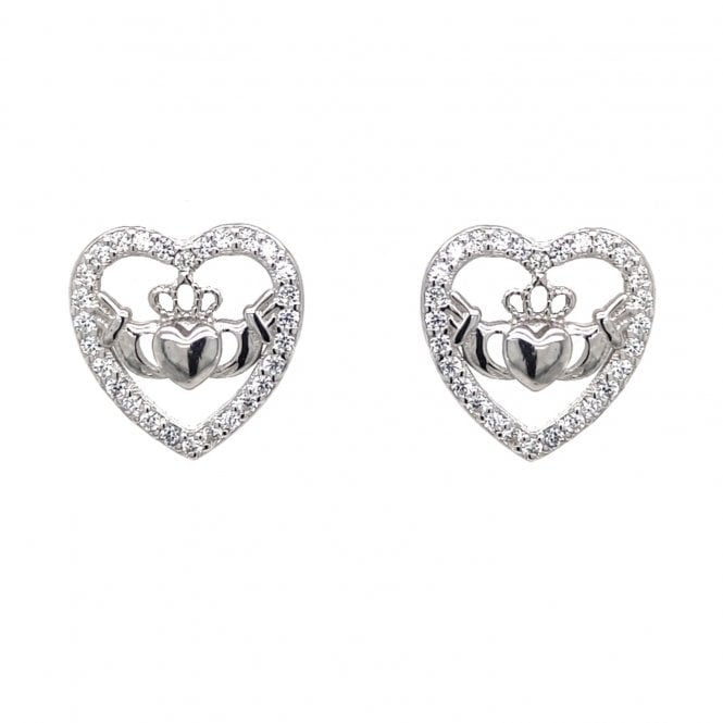 Faith Sterling Silver  Claddagh in CZ Heart Stud Earrings 1.1 x 1.2cm