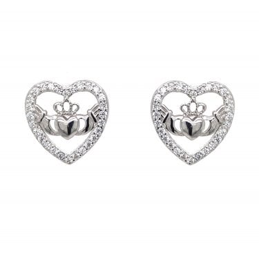 Faith Sterling Silver Claddagh in CZ Heart Stud Earrings 1.1 x 1.2cm