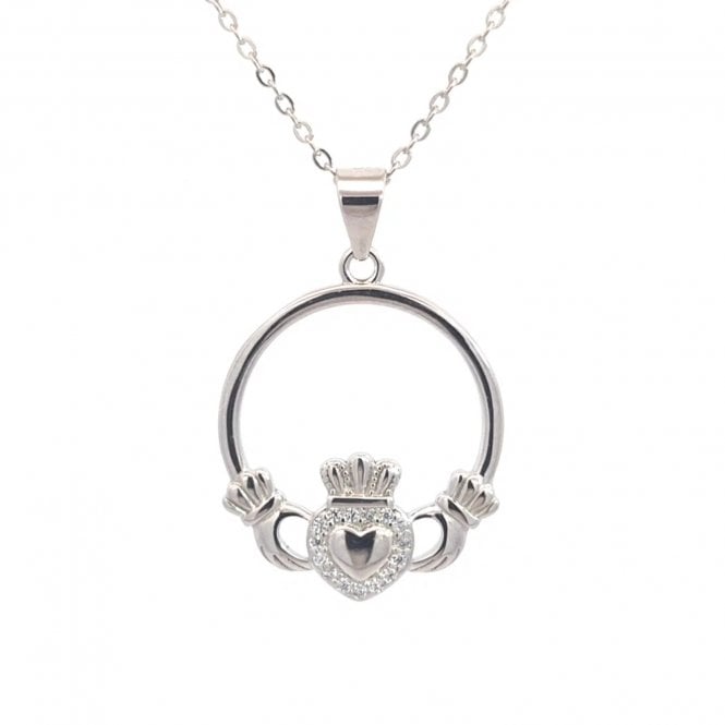 Faith Sterling Silver  Claddagh with CZ Halo Necklace 1.9 x 2.1cm, 16-18