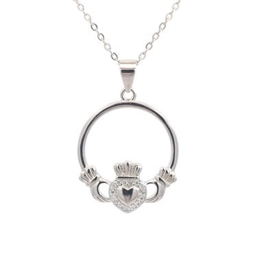 Faith Sterling Silver Claddagh with CZ Halo Necklace 1.9 x 2.1cm, 16-18"
