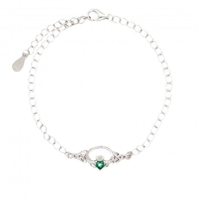 Faith Sterling Silver  Claddagh with Green CZ Heart Oval Link Bracelet 2 x 0.9cm, 17cm + 3cm