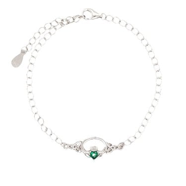 Faith Sterling Silver Claddagh with Green CZ Heart Oval Link Bracelet 2 x 0.9cm, 17cm + 3cm