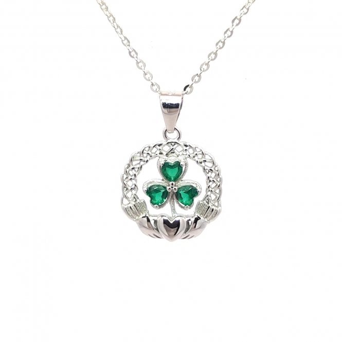 Faith Sterling Silver  Claddagh with Green CZ Shamrock Centre Necklace 1.5 x 1.5cm, 16-18