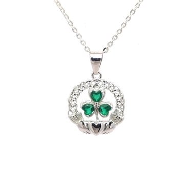 Faith Sterling Silver Claddagh with Green CZ Shamrock Centre Necklace 1.5 x 1.5cm, 16-18"
