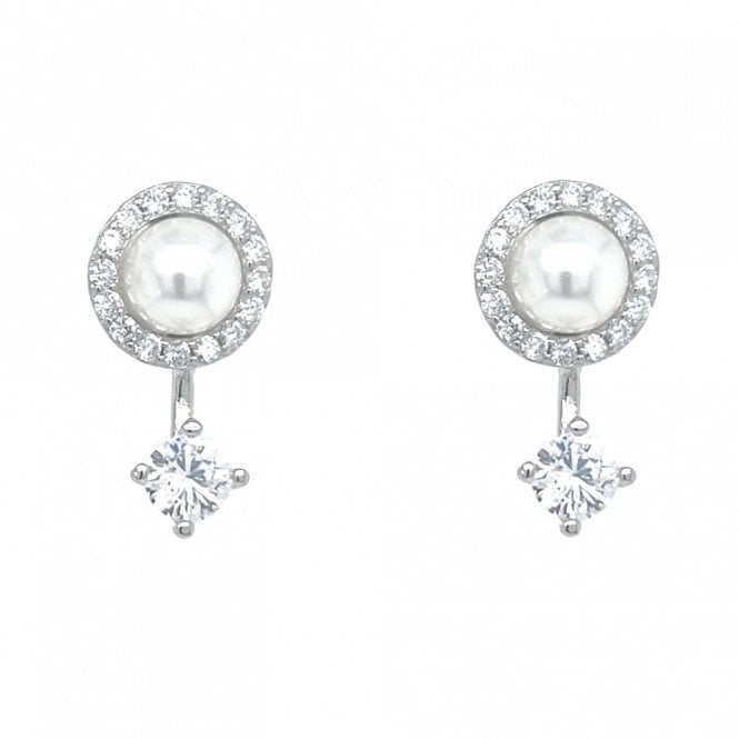 Faith Sterling Silver  Claw Set CZ Stud with Plain Bar Link to Pearl CZ Halo Drop Earrings 1 x 1.5cm