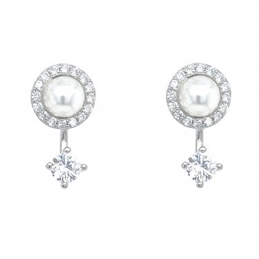 Faith Sterling Silver Claw Set CZ Stud with Plain Bar Link to Pearl CZ Halo Drop Earrings 1 x 1.5cm