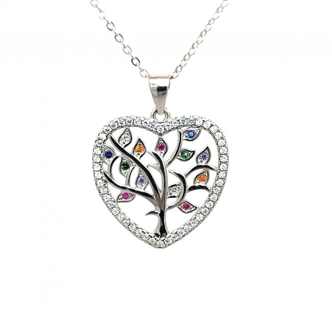 Faith Sterling Silver  Colourful CZ Tree Of Life within CZ Heart Necklace 2.1 x 2cm, 16-18