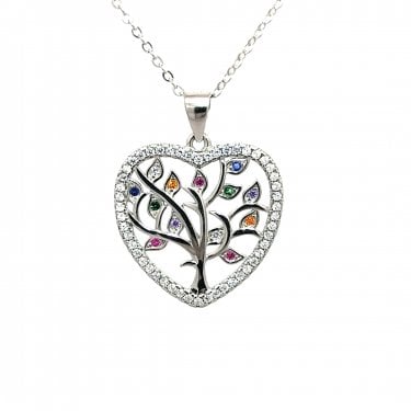 Faith Sterling Silver Colourful CZ Tree Of Life within CZ Heart Necklace 2.1 x 2cm, 16-18"  
