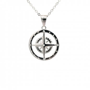 Faith Sterling Silver Compass with CZ Necklace 1.6 x 1.6cm, 16-18"