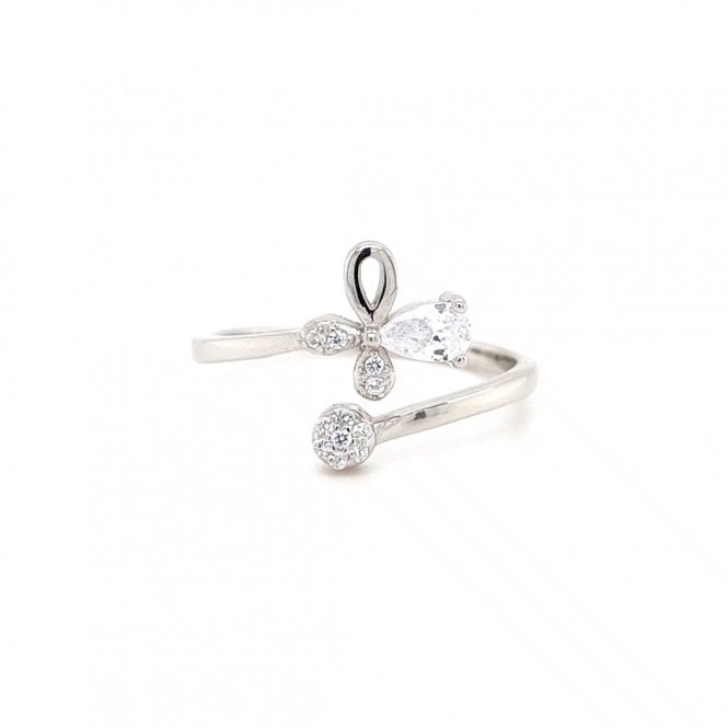 Faith Sterling Silver  Crossover Mixed Cuts CZ Cross & Flower Adjustable Ring