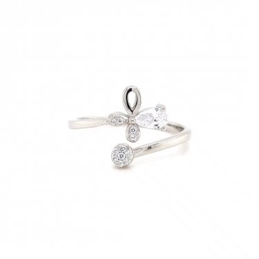 Faith Sterling Silver Crossover Mixed Cuts CZ Cross & Flower Adjustable Ring