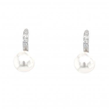 Faith Sterling Silver CZ Bar Drop with Single Round Pearl Earrings 0.7 x 1.5cm