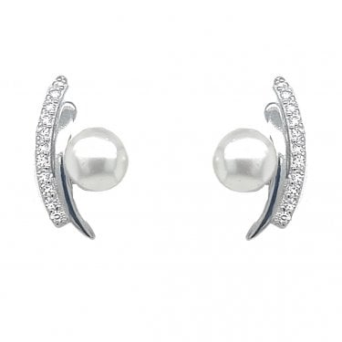 Faith Sterling Silver CZ Bar, Plain Bar with Single Pearl Attached Drop Earrings 0.8 x 1.5cm