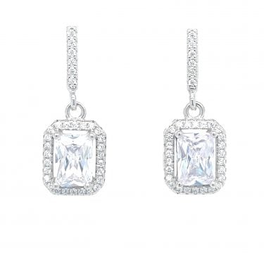 Faith Sterling Silver CZ Bar with Cushion Halo Drop Earrings 2.3 x 0.9cm 