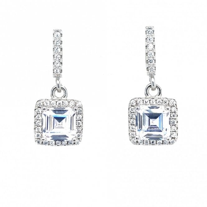 Faith Sterling Silver  CZ Bar with Square Halo Drop Earrings 2 x 0.9cm