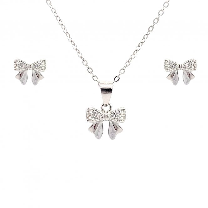 Faith Sterling Silver  CZ Bow Half Plain Necklace & Earrings Set 0.8 x 0.6cm, 1 x 0.8cm 16-18