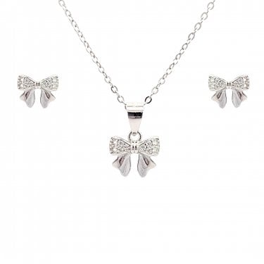 Faith Sterling Silver CZ Bow Half Plain Necklace & Earrings Set 0.8 x 0.6cm, 1 x 0.8cm 16-18"