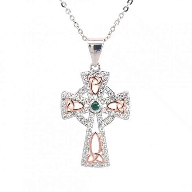 Faith Sterling Silver  CZ Celtic Cross with Rose Gold Tone Trinity Symbols & Green CZ Necklace 1.7 x 2.5cm, 16-18