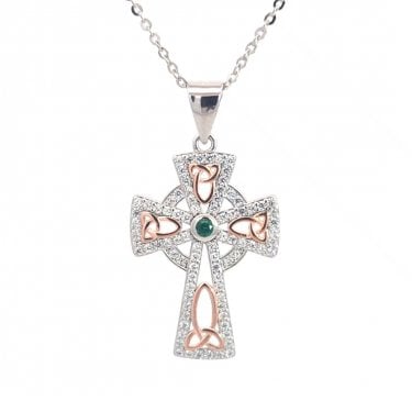 Faith Sterling Silver CZ Celtic Cross with Rose Gold Tone Trinity Symbols & Green CZ Necklace 1.7 x 2.5cm, 16-18"