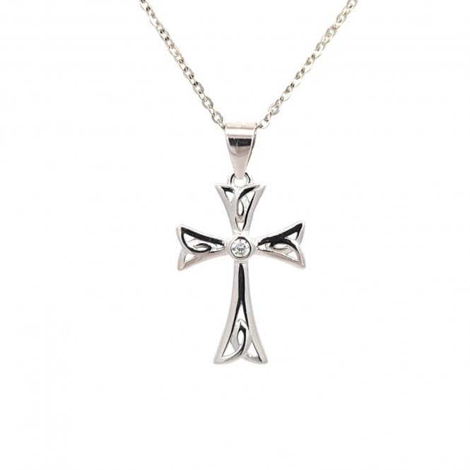 Faith Sterling Silver  CZ Centre Celtic Design Cross Necklace 1.4 x 2cm, 16-18