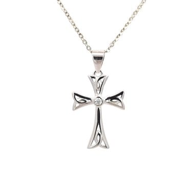 Faith Sterling Silver CZ Centre Celtic Design Cross Necklace 1.4 x 2cm, 16-18"