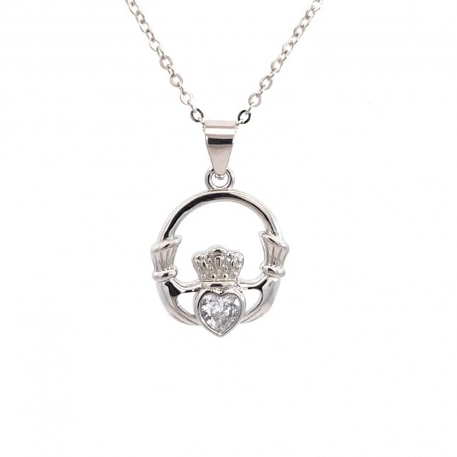 Faith Sterling Silver  CZ Claddagh Necklace 1.4 x 1.5cm, 16-18