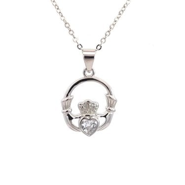 Faith Sterling Silver CZ Claddagh Necklace 1.4 x 1.5cm, 16-18"
