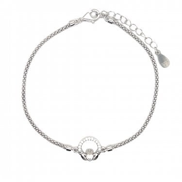 Faith Sterling Silver CZ Claddagh Rope Chain Bracelet 0.9 x 1cm, 16cm + 3cm