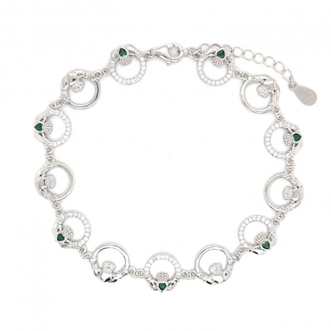 Faith Sterling Silver  CZ Claddagh with Green CZ Centre Bracelet 1.2cm, 18-22cm