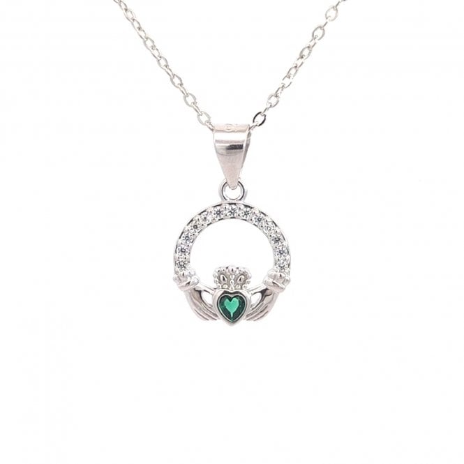 Faith Sterling Silver  CZ Claddagh with Green CZ Centre Necklace 1.1 x 1.2cm, 16-18