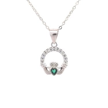 Faith Sterling Silver CZ Claddagh with Green CZ Centre Necklace 1.1 x 1.2cm, 16-18"