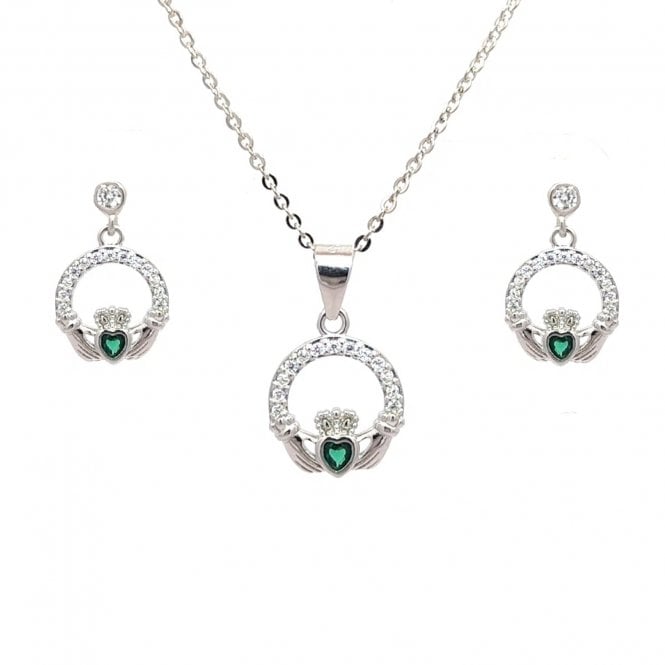 Faith Sterling Silver  CZ Claddagh with Green CZ Centre Necklace & Drop Earrings Set 0.9 x 1.4cm, 1.2 x 1.2cm, 16-18