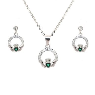 Faith Sterling Silver CZ Claddagh with Green CZ Centre Necklace & Drop Earrings Set 0.9 x 1.4cm, 1.2 x 1.2cm, 16-18" 