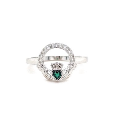 Faith Sterling Silver CZ Claddagh with Green CZ Centre Ring  