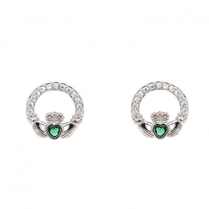 Faith Sterling Silver  CZ Claddagh with Green CZ Centre Stud Earrings 0.9 x 1cm