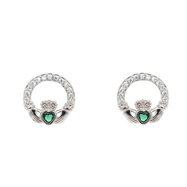 Faith Sterling Silver CZ Claddagh with Green CZ Centre Stud Earrings 0.9 x 1cm