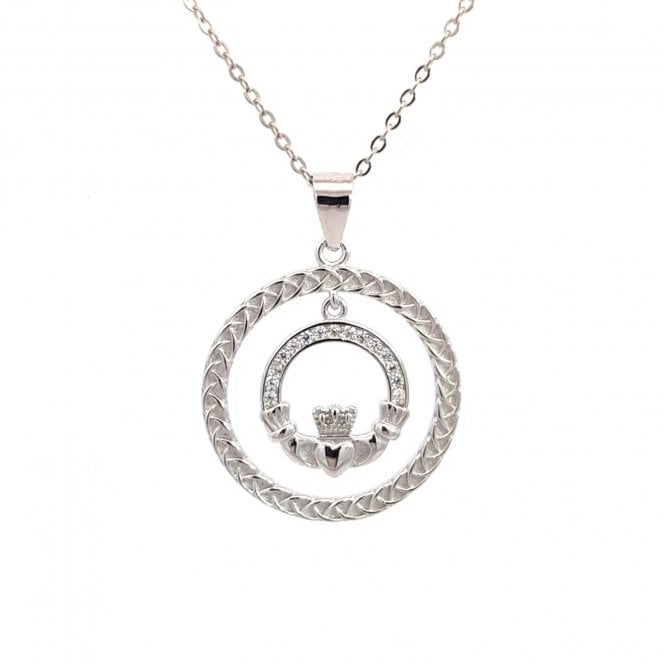 Faith Sterling Silver  CZ Claddagh with Woven Detail Necklace 2.1 x 2cm, 16-18