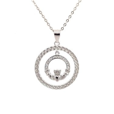 Faith Sterling Silver CZ Claddagh with Woven Detail Necklace 2.1 x 2cm, 16-18"
