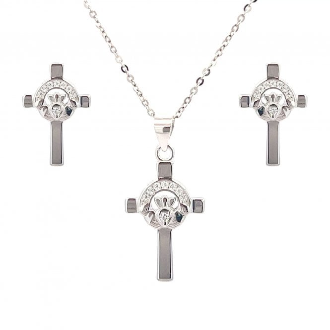 Faith Sterling Silver  CZ Claddagh within Cross Necklace & Earrings Set 0.9 x 1.3cm, 1.4 x 2.2cm, 16-18