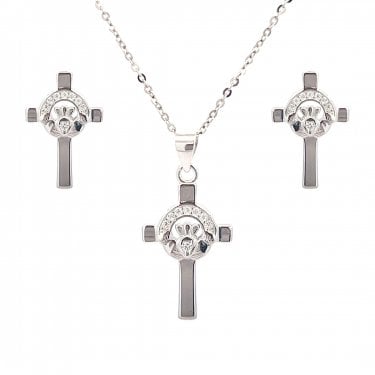 Faith Sterling Silver CZ Claddagh within Cross Necklace & Earrings Set 0.9 x 1.3cm, 1.4 x 2.2cm, 16-18"