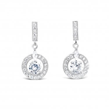 Faith Sterling Silver CZ Drop Bar with Round Floating Halo Drop Earrings 2.3 x 1cm 