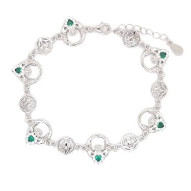 Faith Sterling Silver CZ Halo Claddagh with Green CZ Centre Bracelet 1.2cm, 17-20.5cm